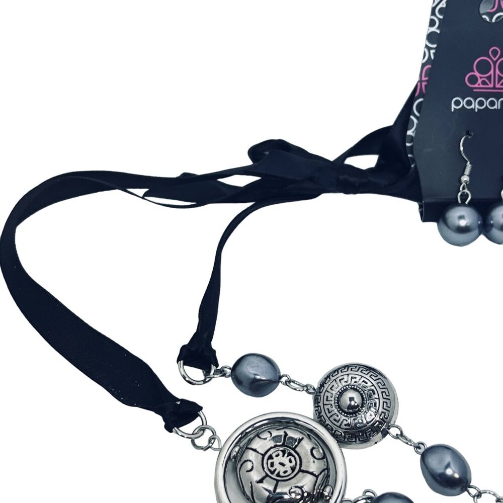Paparazzi Silver Tone, Gray And Black Necklace W/Pierced Earrings Set (5459) - Picture 5 of 5